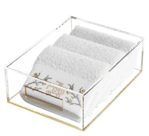 Picture of Lucite Flat Towel Box with 3 White Towels Golden Branch Design 11" x 8.25"